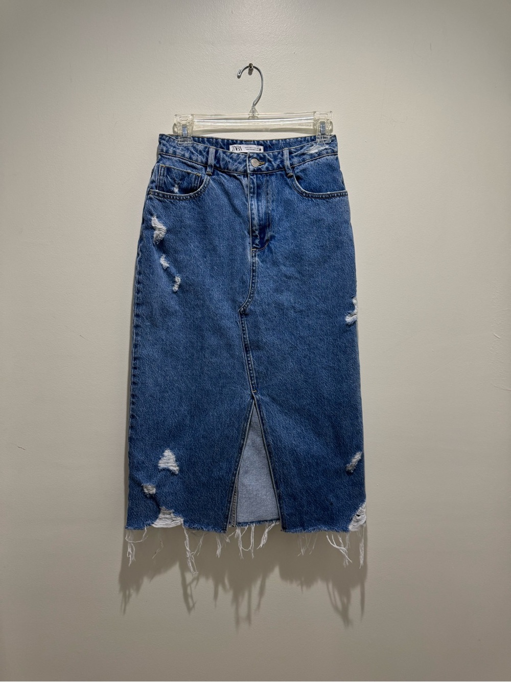 ZARA Distressed Blue Denim Midi Skirt with Front Slit Size Small